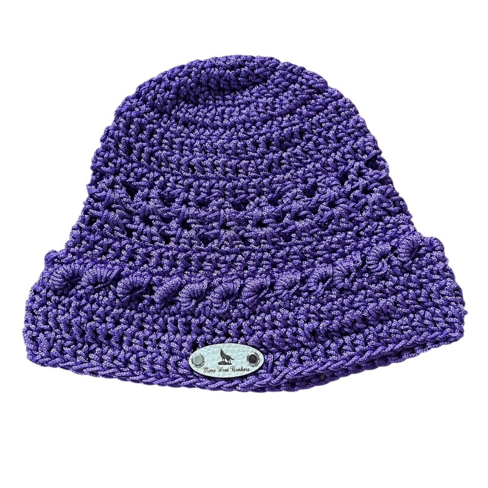 NWT Mimi Went Bonkers Handcrafted Crochet Solid Purple Winter Bucket Hat w/ Logo